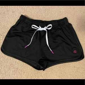Black Champion shorts with white drawstrings